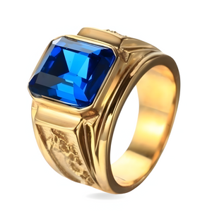 Anel Masculino Dourado Pedra Azul Safira
